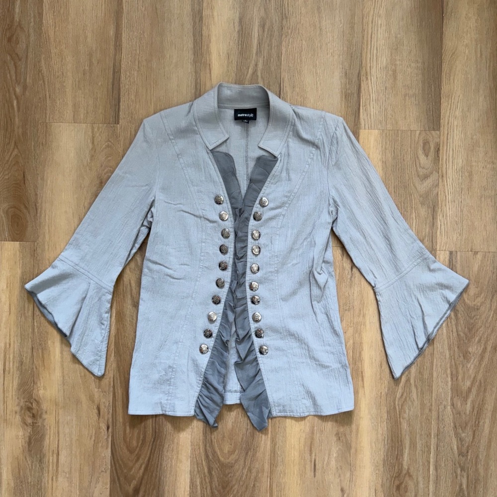 Grey Cotton Ruffle Military Jacket Bell Sleeve Crest Button 12 y2k indie coat
